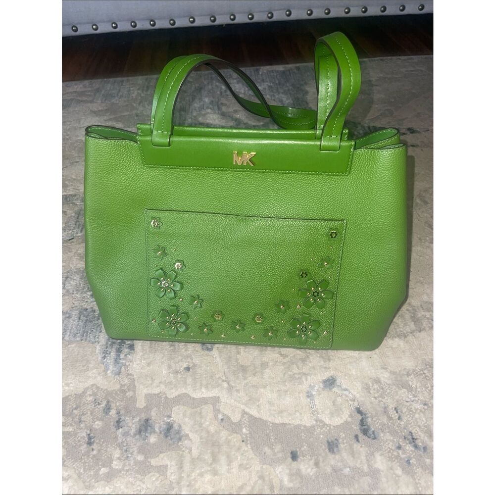 Michael Kors Lime Green Leather Floral Applique Tote